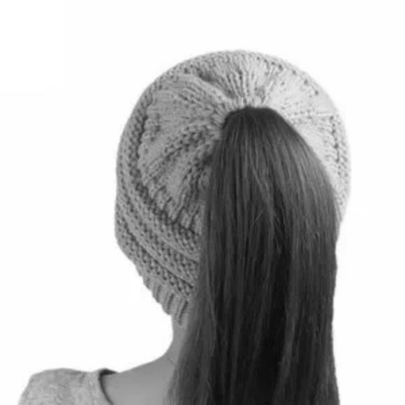 Brown Knit Warm Solid Beige Ponytail Beanie Hat - Picture 7 of 8